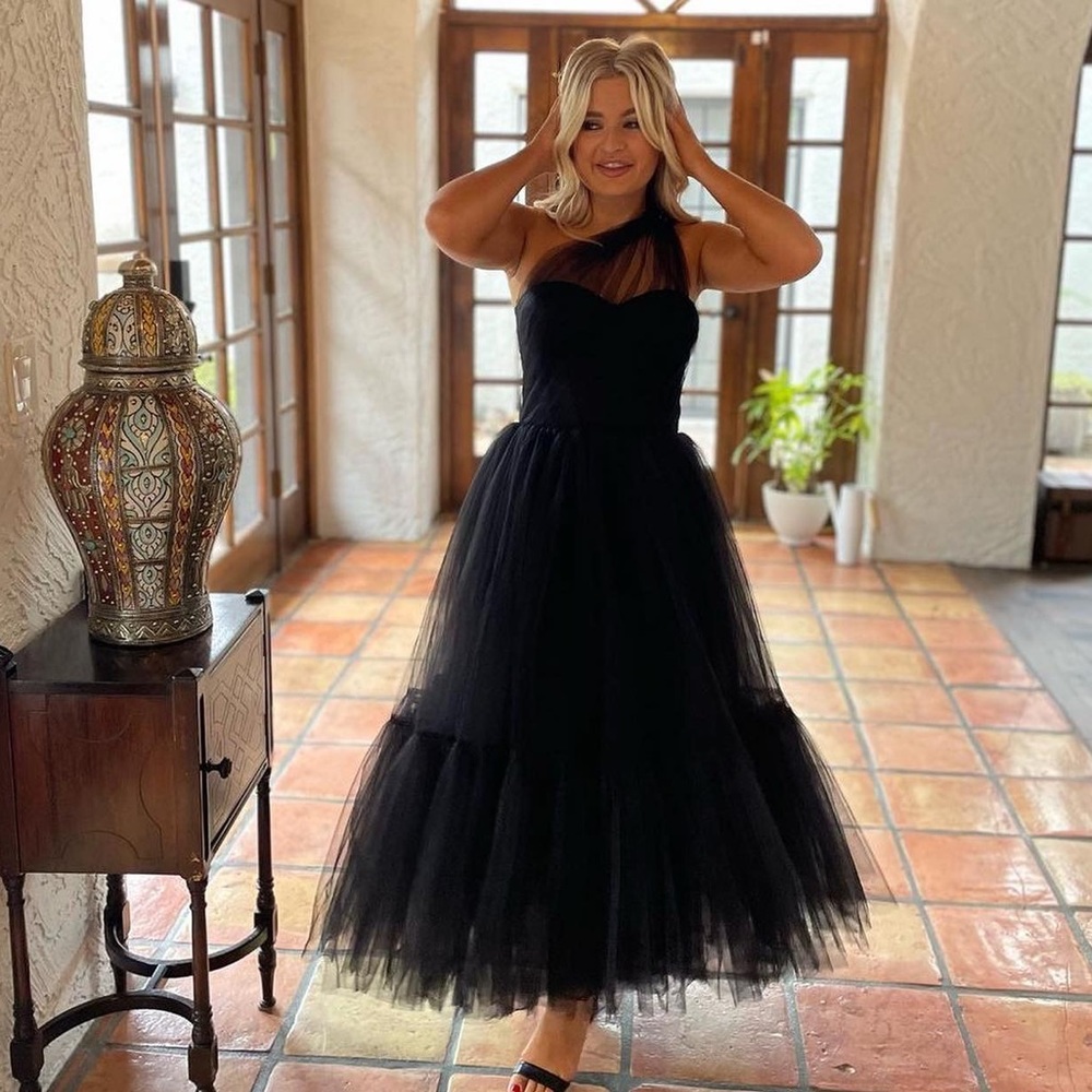 Milla Black One-Shoulder Cocktail Mesh Tulle Luxurious A-line midi Dress - Picture 4 of 8